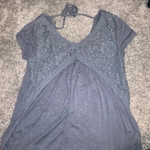 Maurices Blue v neck, open back shirt